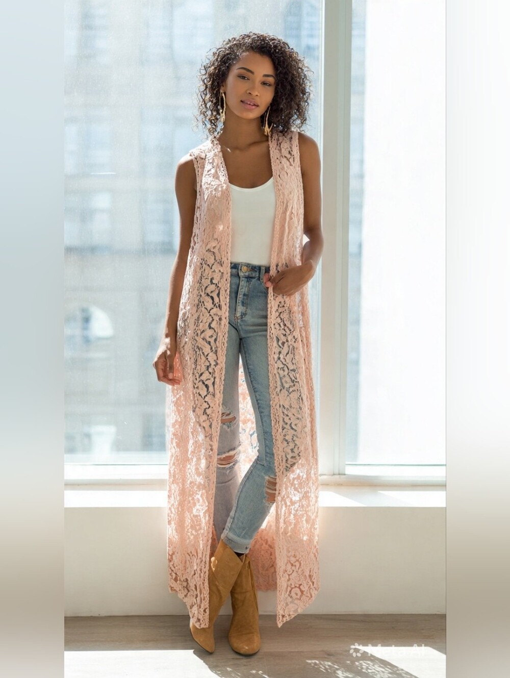LuLaRoe Joy Lace Duster Vest L | Blush Pink Long Cardigan | Boho Romantic